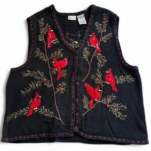 vintage y2k winter nature cardinal embroidered grandma sweater vest size large
